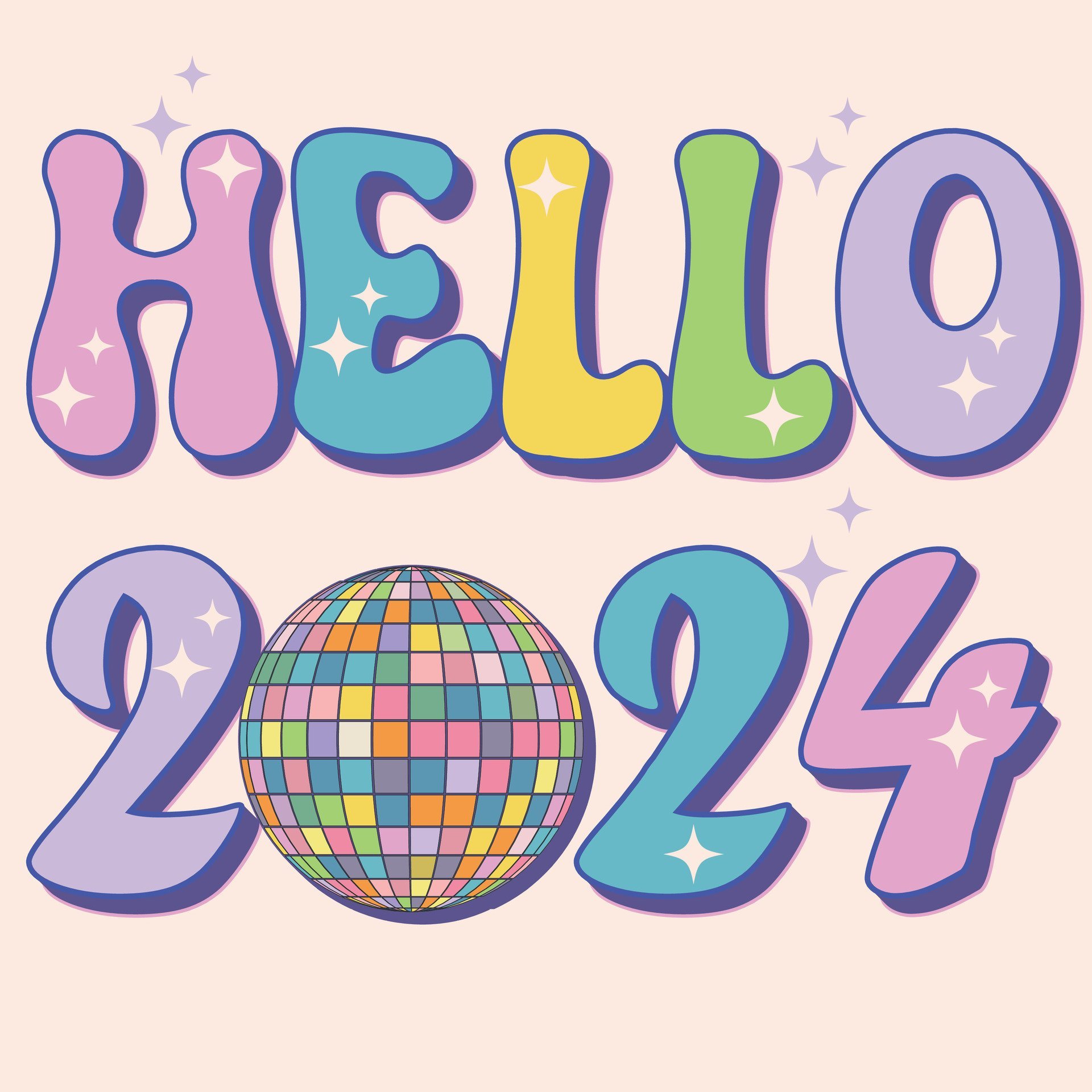 hello 2024 groovy typography with retro disco ball on beige background pink vintage 70s greeting card sticker banner happy new year illustrator vector